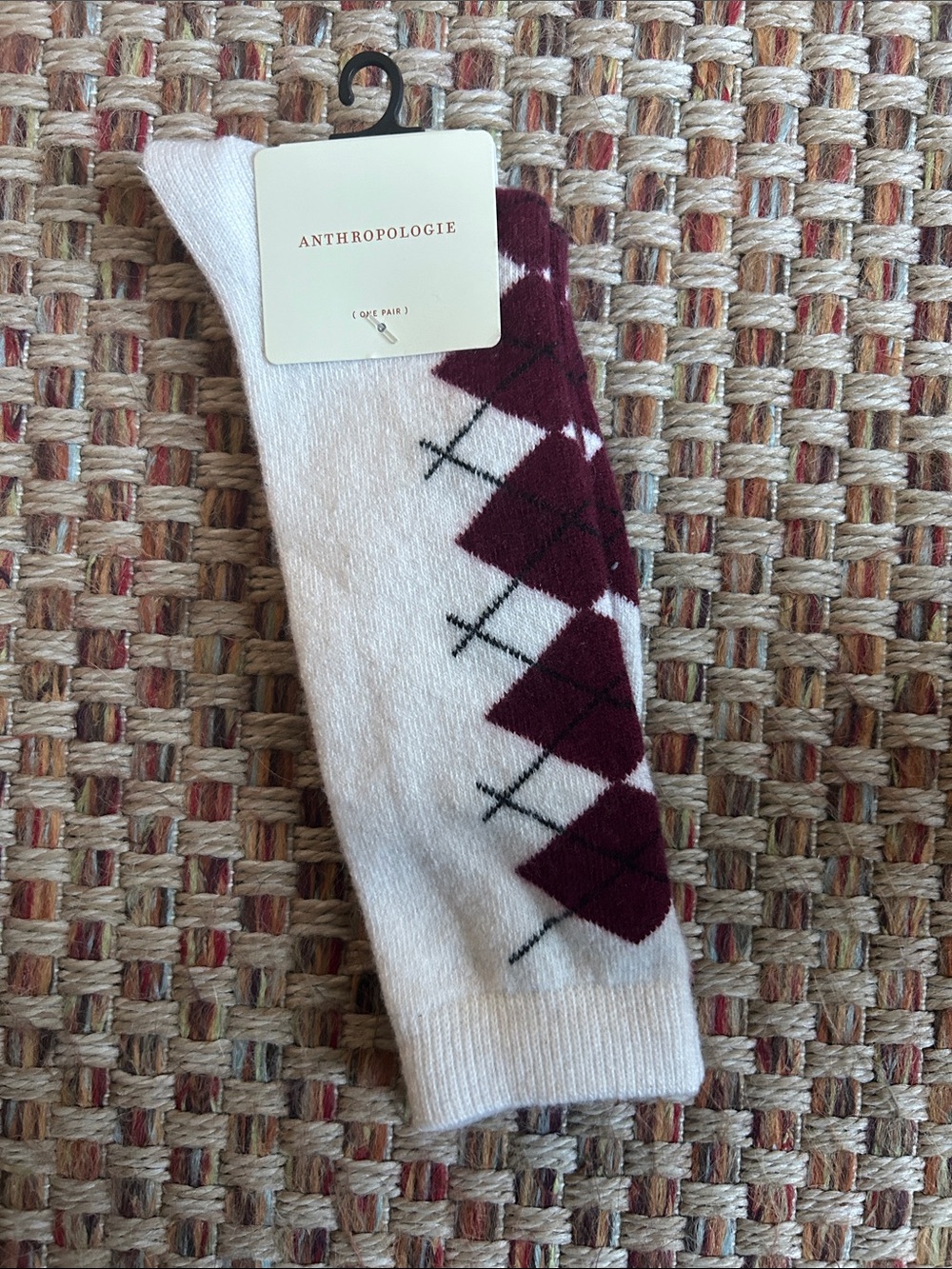 Anthropologie White Socks with Burgundy Argyle
